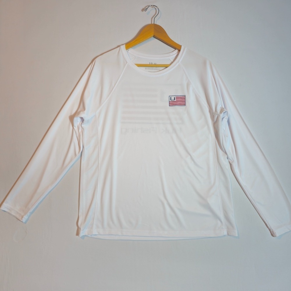 Huk Fishing Shirt Mens L White Graphic Raglan Sleeve Performance USA Flag Logo